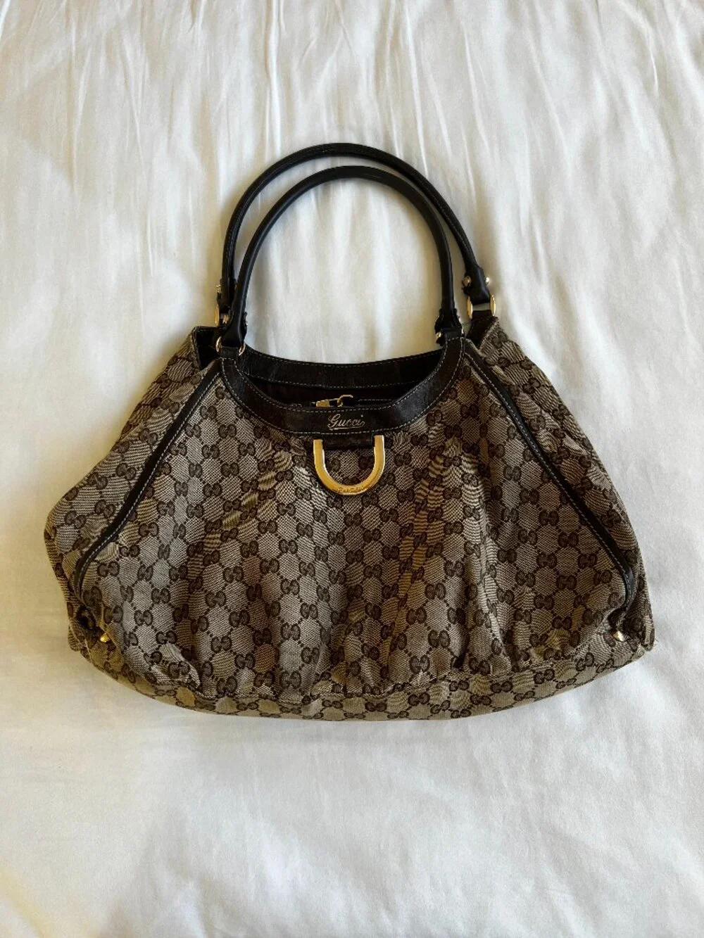 Gucci Brown Monogram Canvas Hobo with Black Leather Trim